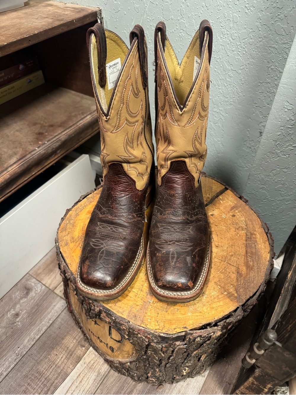 Double H Yellow-Lined Brown Leather Cowboy Boot Interior